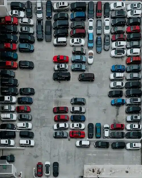 Busy parking lot with potential for accidents