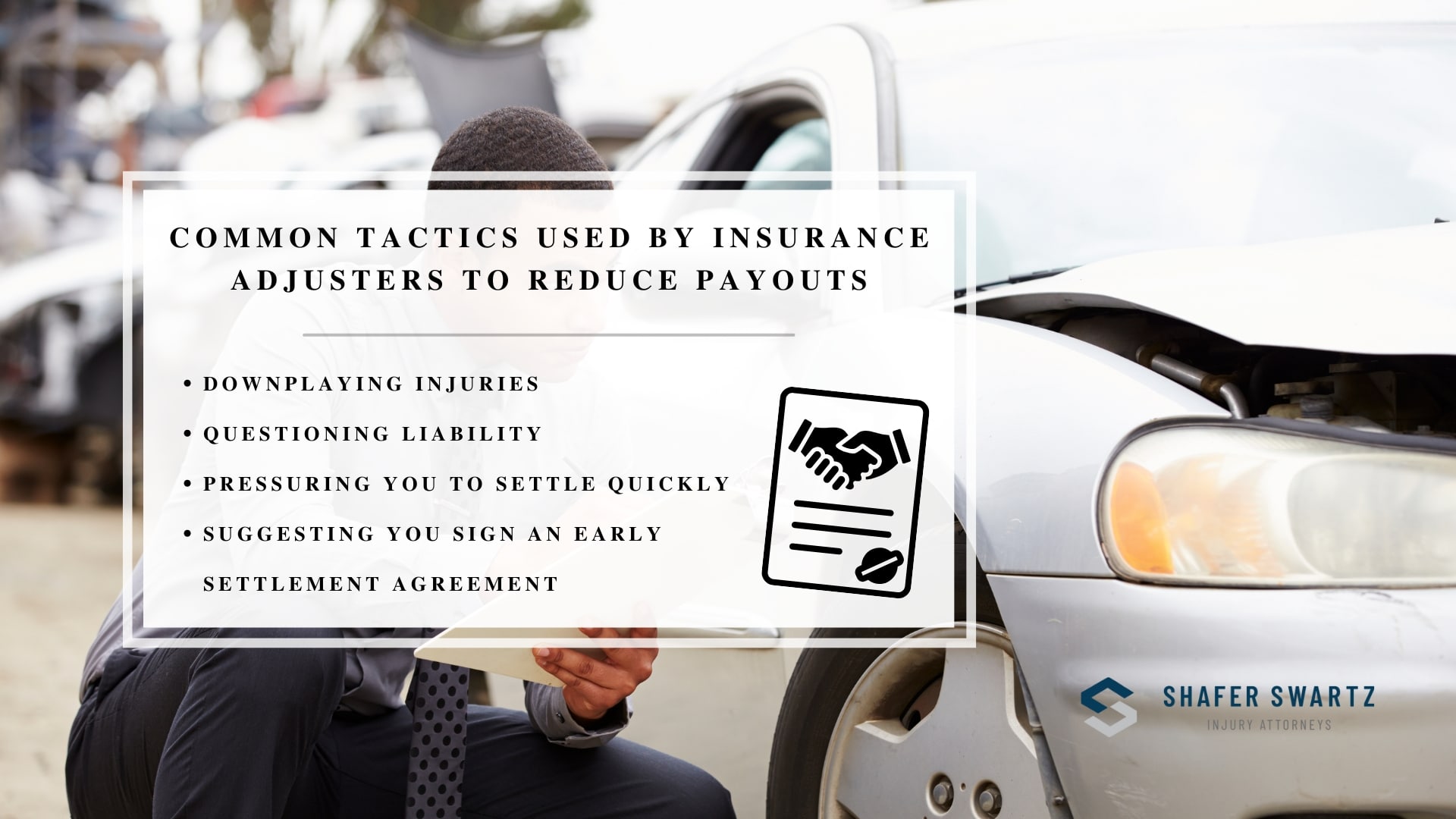 Infographic image of common tactics used by insurance adjusters to reduce payouts