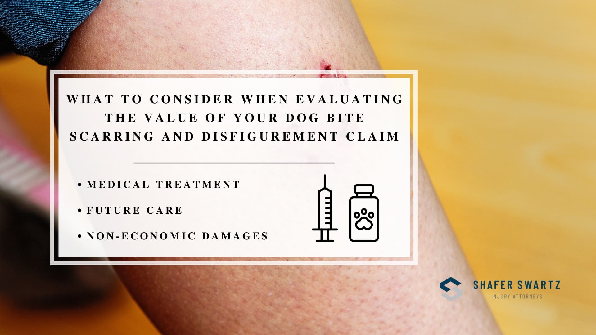 Infographic image of what to consider when evaluating the value of your dog bite scarring and disfigurement claim